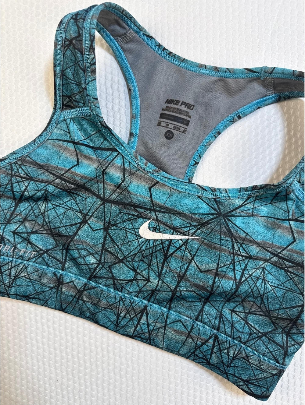 Nike Pro Dri-FIT Sports Bra Womens XS Teal Blue Geometric Racerback Athletic